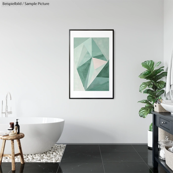 Modern bathroom with geometric art, white tub, and green plant, featuring black floor tiles and a wooden stool.