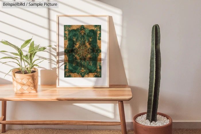 Framed abstract artwork on a wooden table, next to a potted plant and a cactus, with natural light casting shadows.