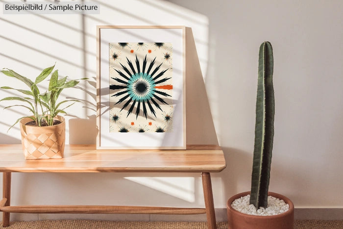 Minimalist room with art print on wooden bench, potted plant, and cactus; sunlit wall with geometric design.