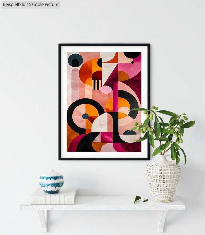 Framed abstract geometric painting with vibrant pink, orange, and black shapes on white wall above two vases.