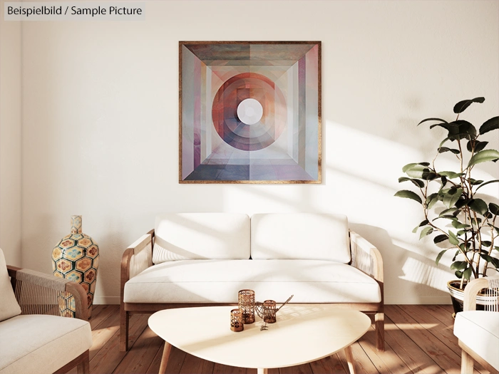 Minimalist living room with abstract geometric painting, white sofa, wooden floor, and potted plant.