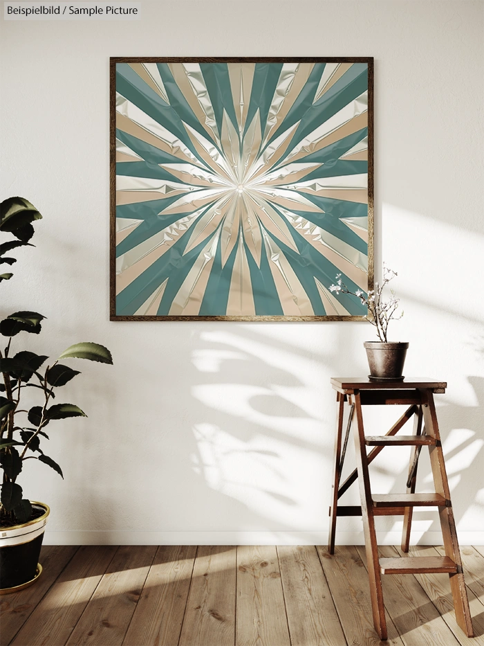 Framed geometric abstract painting with radial pattern in teal and beige, on wall above wooden plant stand and potted plant.