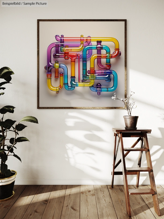 Colorful glass pipe sculpture on wall with sunlight, plant, and wooden stool in a room.