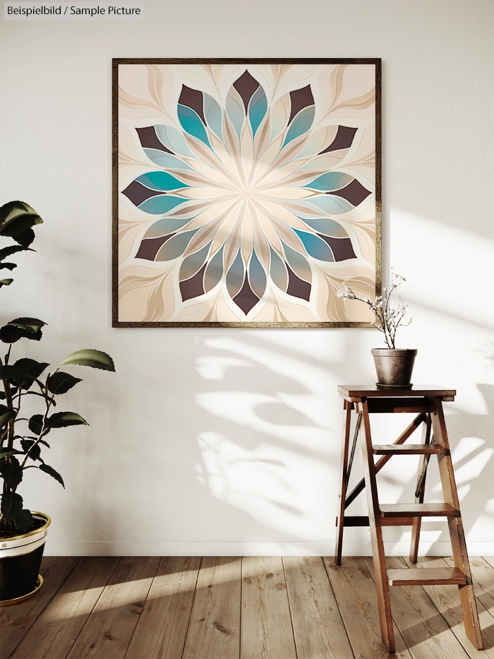 Room with wooden floor, potted plant, and abstract geometric art on wall with turquoise and brown tones.