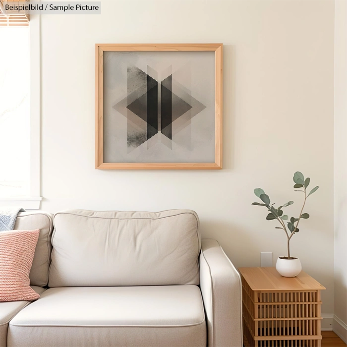 Minimalist living room with abstract geometric artwork, a beige sofa, and a potted plant on a side table.