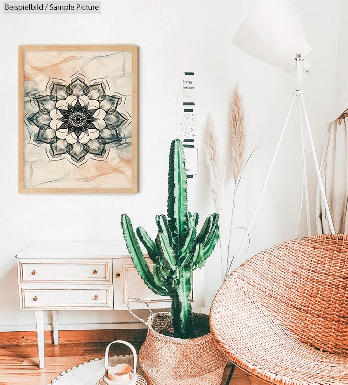 Light, airy room with cactus, wicker chair, and framed mandala art on wall; white furniture and soft neutral tones.