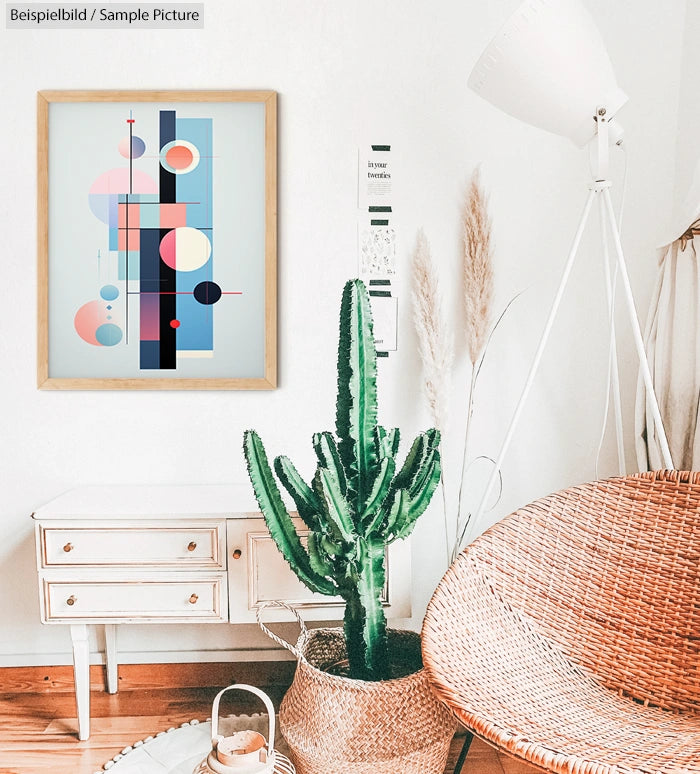 Modern living room with abstract framed art, tall cactus, wicker chair, and wooden side table.