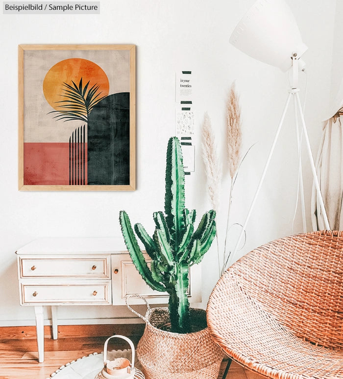 Stylish room with a cactus, woven chair, abstract art, and white floor lamp in a cozy corner.