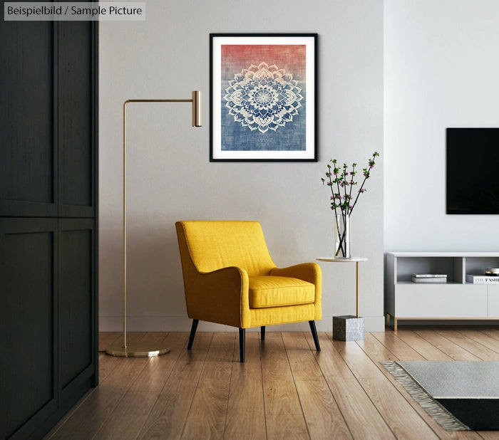 Modern living room with yellow armchair, floor lamp, wall art, and minimal decor on wooden flooring.