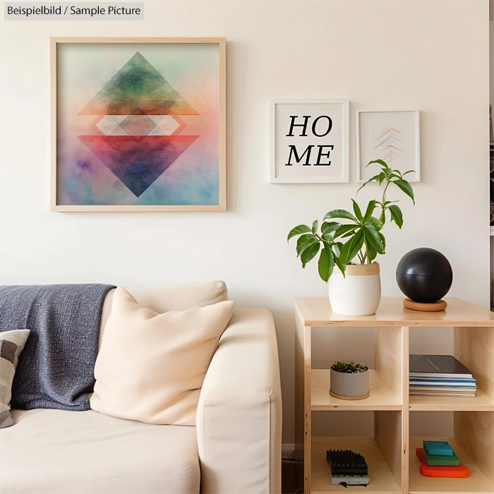 Modern living room with geometric artwork, sofa, and potted plant on a wooden shelf.