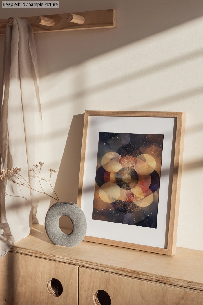 Framed abstract artwork on a wooden table beside a circular vase with dried flowers.