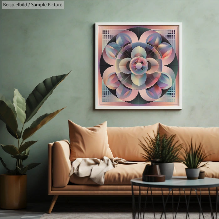 Modern living room with abstract geometric art on wall, beige sofa, potted plant, and pastel colored artwork.