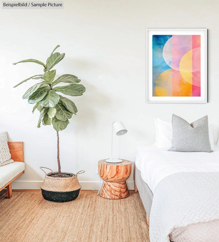 Modern bedroom with a potted plant, wooden side table, bed with grey pillow, and colorful abstract art on white wall.