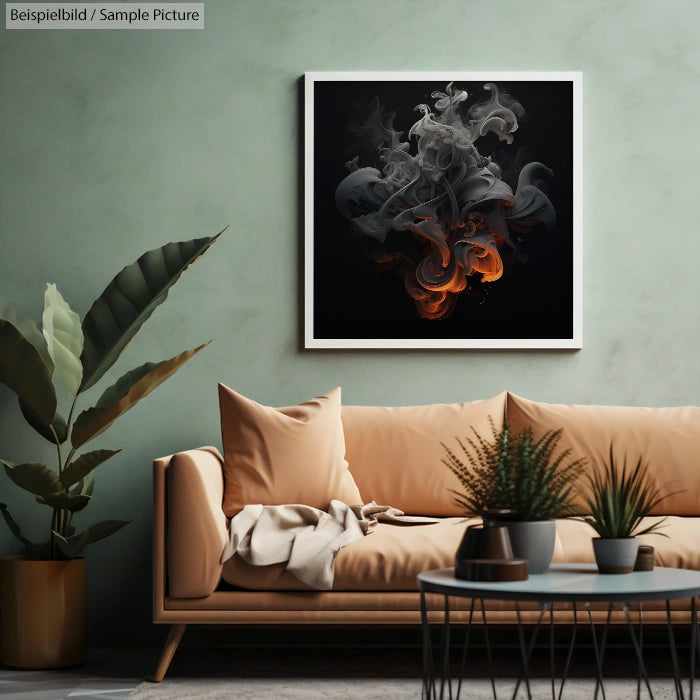 Modern living room with beige sofa and abstract art on a green wall. Potted plants add a touch of nature.