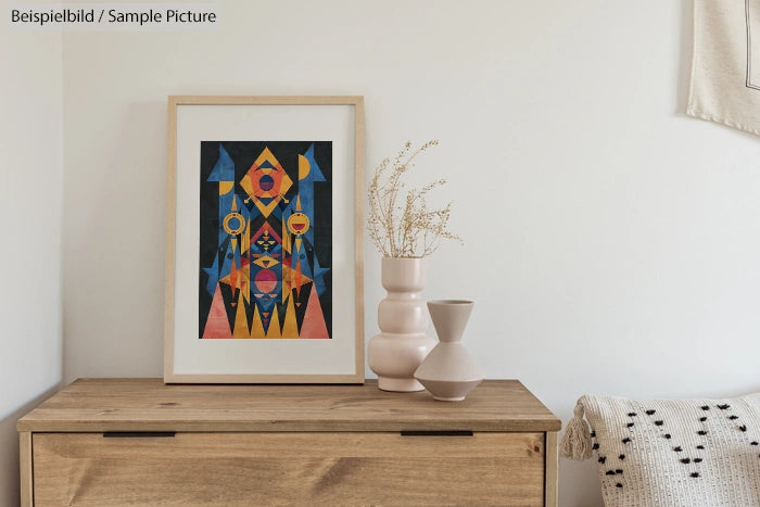 Modern abstract painting with geometric shapes in a wooden frame, displayed on a dresser with pottery and dried flowers.