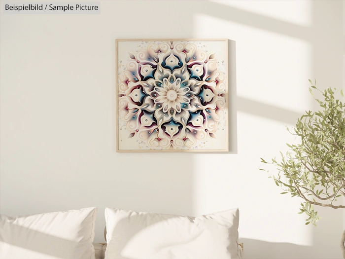 Framed abstract mandala painting on wall with soft shadows, near a cozy couch and potted plant.