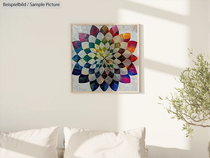 Framed abstract floral mosaic artwork on a white wall above a beige sofa, with natural light and shadows.