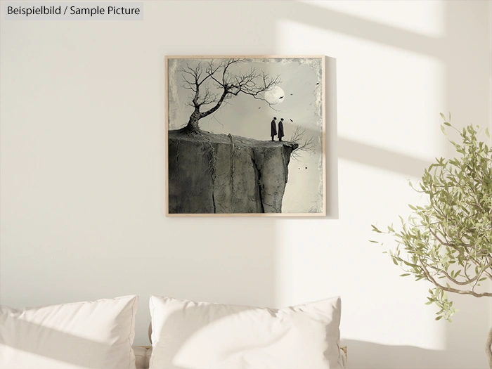 Framed painting of two figures on a cliff under a tree, in a bright room, over a white sofa with a green plant.