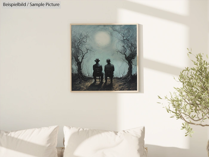 Painting depicting two figures under moonlit sky, surrounded by bare trees, hung above white couch with plant nearby.