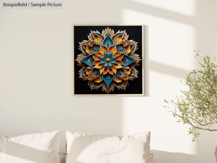 Intricate mandala artwork with blue and gold tones, hanging on a white wall above a beige sofa.