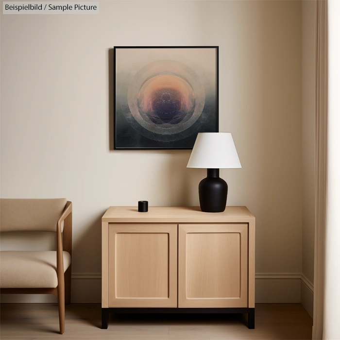 Minimalist room with wooden cabinet, abstract circular painting, black lamp, and beige armchair.