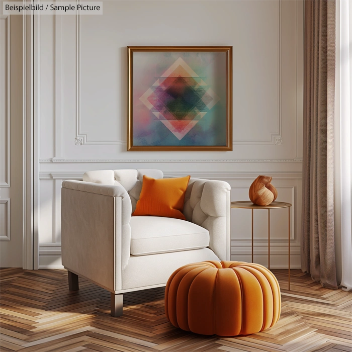 Cozy living room with a white armchair, orange cushions, and abstract art on the wall, featuring wooden flooring.