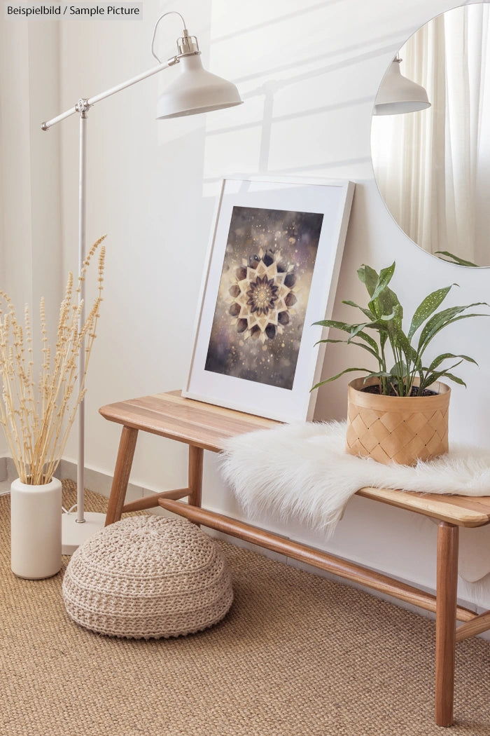 Minimalist room with a wooden bench, framed mandala art, potted plant, and bright floor lamp.