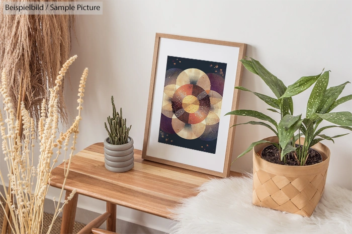 Framed mandala art on wooden shelf with potted plants and pampas grass decor in cozy room setting.