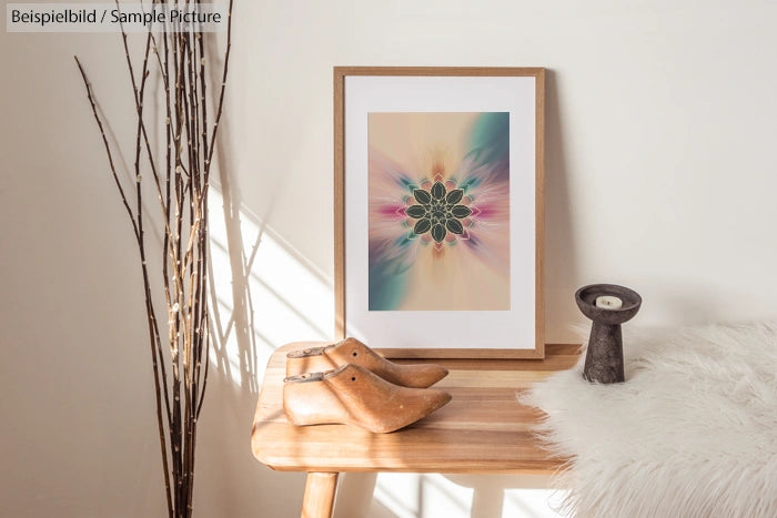 Decorative framed kaleidoscope art on a wooden table with candleholder and shoe lasts in a bright room.