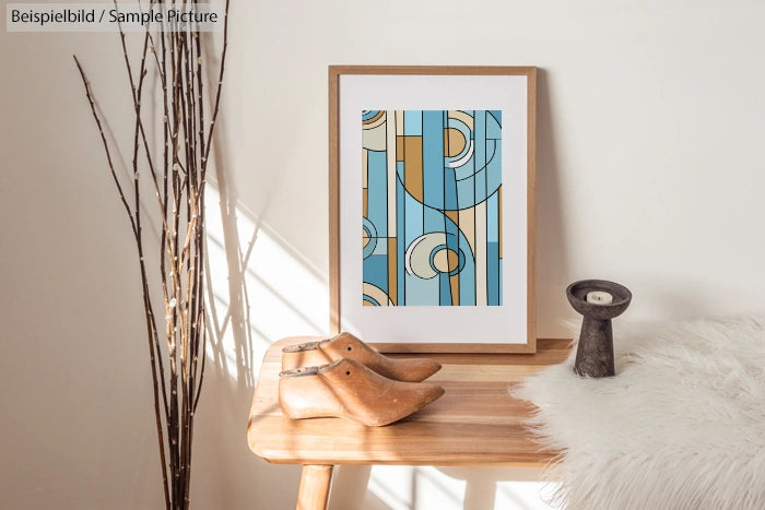 Framed abstract art with blue and beige geometric shapes on a wooden table with decor.