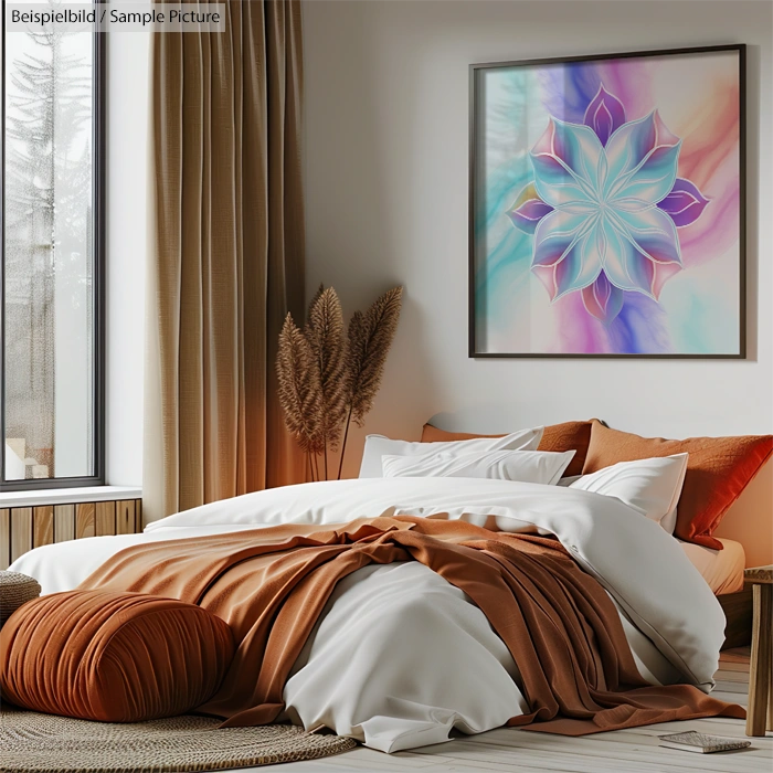 Modern bedroom with abstract floral art, cozy bedding, and neutral decor.