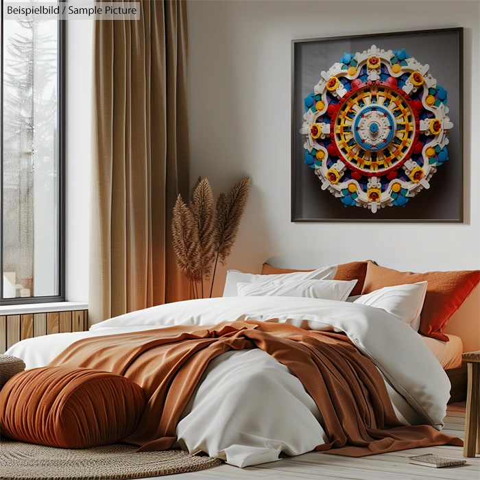 Modern bedroom with earth-tone decor and abstract framed artwork on the wall.