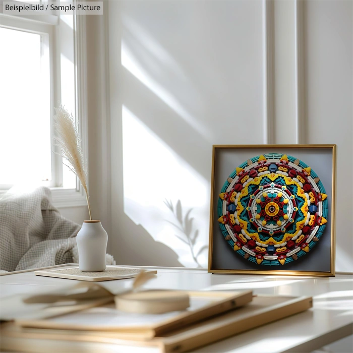 Colorful mandala art in gold frame on sunlit table beside white vase and dried plant.