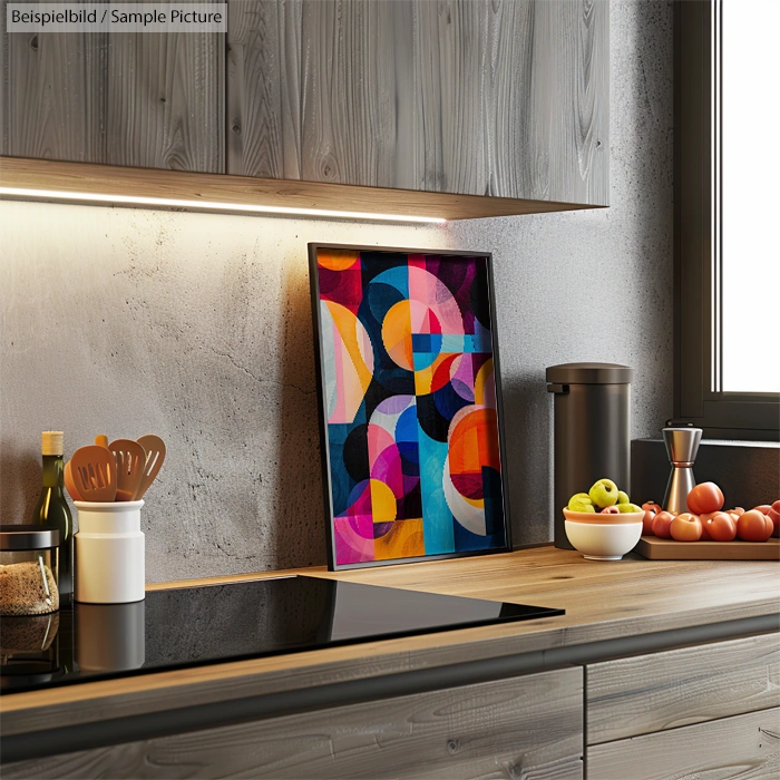 Modern kitchen with abstract colorful artwork near countertop and fresh fruits, spices, and kitchen accessories.