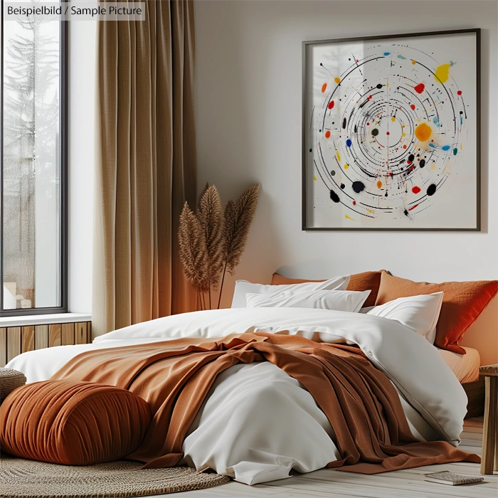 Cozy bedroom with orange and white bedding, abstract art on the wall, pampas grass décor and large window.