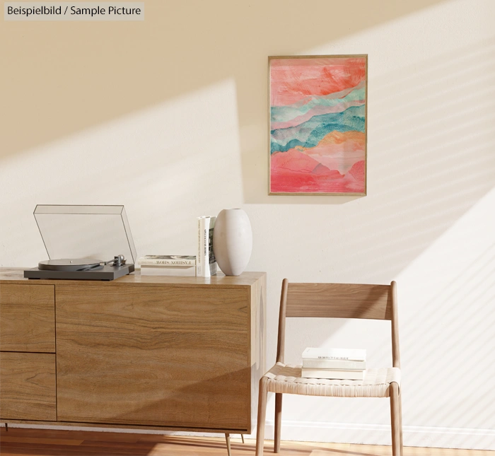 Modern interior with wood cabinet, abstract art, vinyl player, and chair in sunlight.