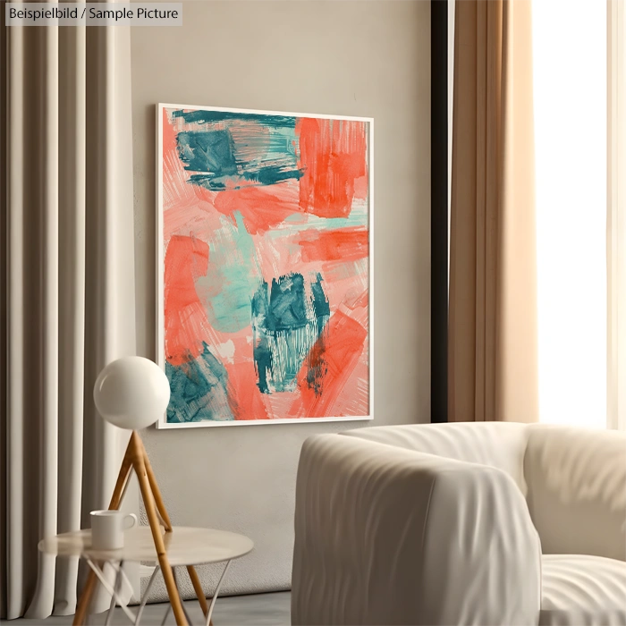 Abstract painting with orange and teal brushstrokes on wall beside white sofa and decorative tripod lamp.