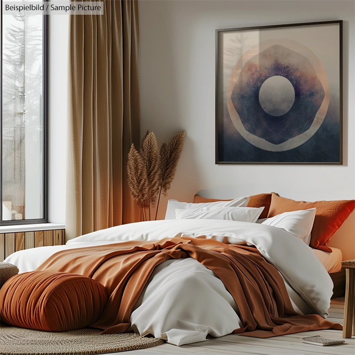 Cozy bedroom with orange and white bedding, abstract wall art, and pampas grass beside a window with sheer curtains.