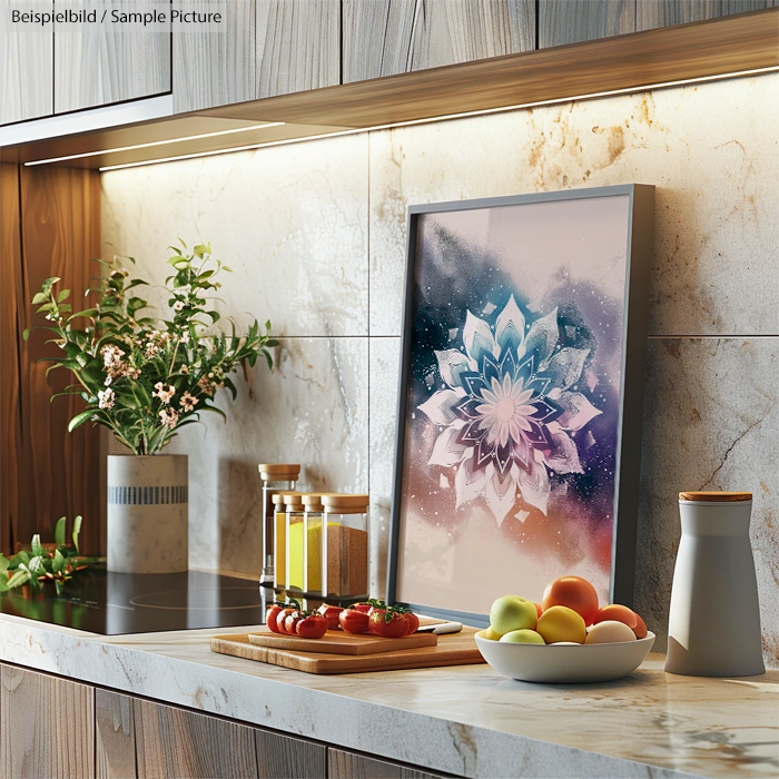 Modern kitchen with countertop, framed abstract mandala artwork, fruit bowl, and oil bottles.