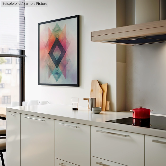 Modern kitchen with a white island, red pot on a stove, and geometric abstract art on the wall.