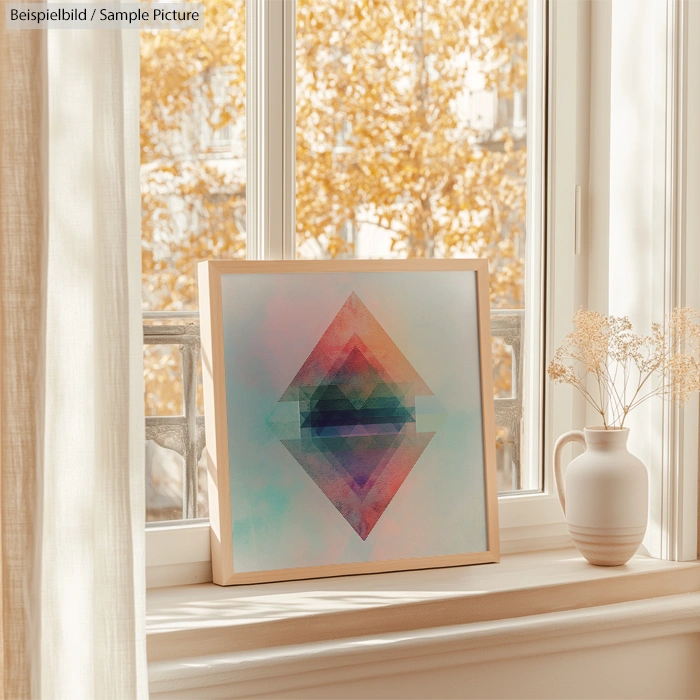 Geometric abstract art in frame on windowsill with autumn leaves visible outside, beside a white vase with dried flowers.