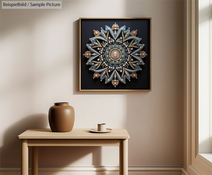 Decorative mandala artwork in a frame above a wooden table with a brown vase and small cup.