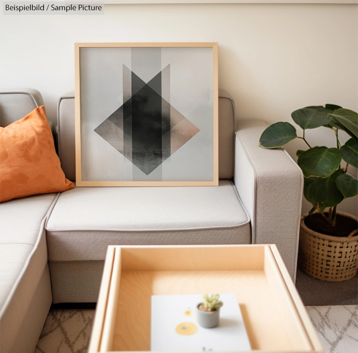 Modern living room with abstract geometric art, gray sofa, orange pillow, wooden coffee table, and potted plant.