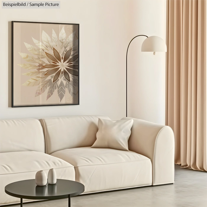 Modern living room with white sofa, round table, and abstract floral artwork on the wall.