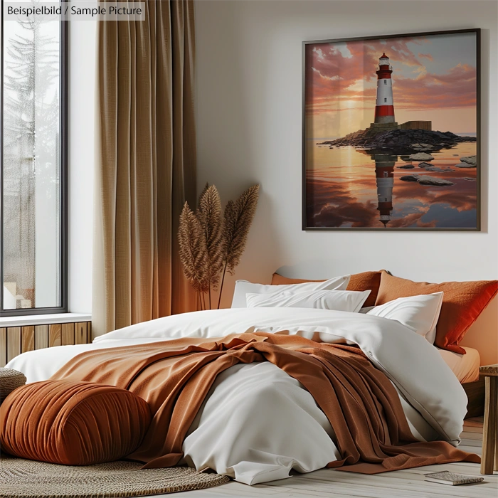 Cozy bedroom with earth-toned bedding, pampas grass decor, and a lighthouse painting on the wall at sunset.