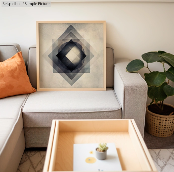 Modern living room with geometric art on wall, gray sofa, wooden coffee table, and a potted plant for decor.