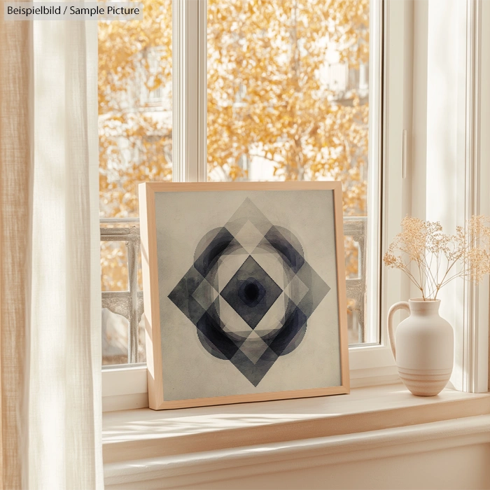 Framed geometric art with shades of blue and grey on windowsill, autumn view outside.