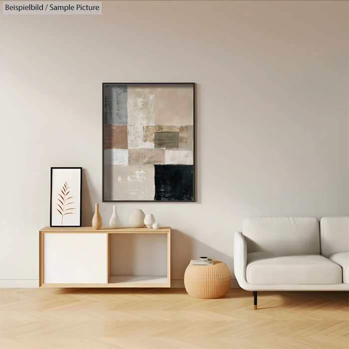 Modern living room with abstract painting, white sofa, minimalist cabinet, potted plant, and parquet floor.