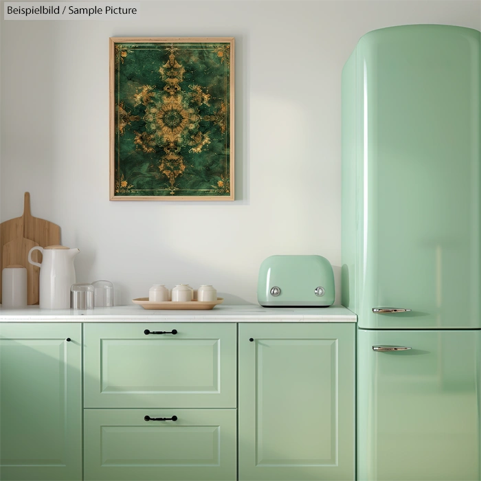 Mint green kitchen with retro fridge, wooden cutting board, ceramic pitcher, and abstract green wall art.