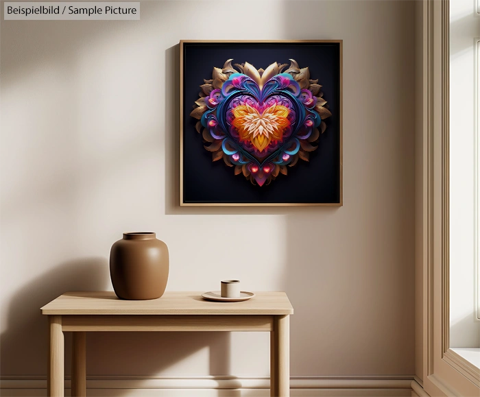 Decorative heart-shaped artwork in a frame hung over a minimalist wooden table with pottery in a sunlit room.